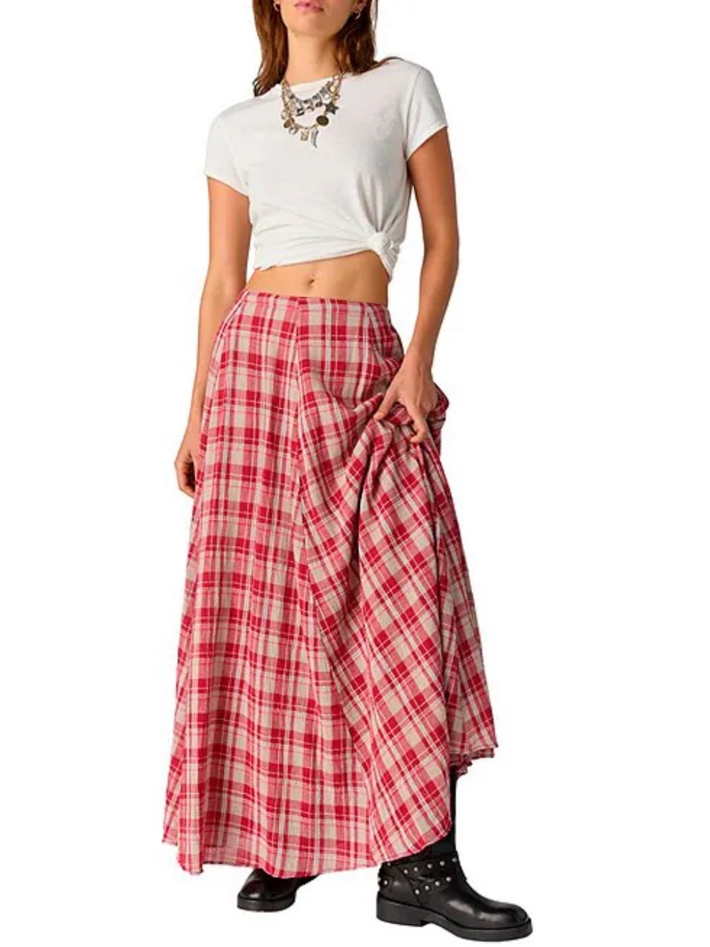NWT🌷Free People Ives Plaid Printed Mid Rise A-Line Maxi Skirt